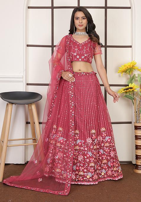 Pink Embroidered Butter Net Lehenga Set