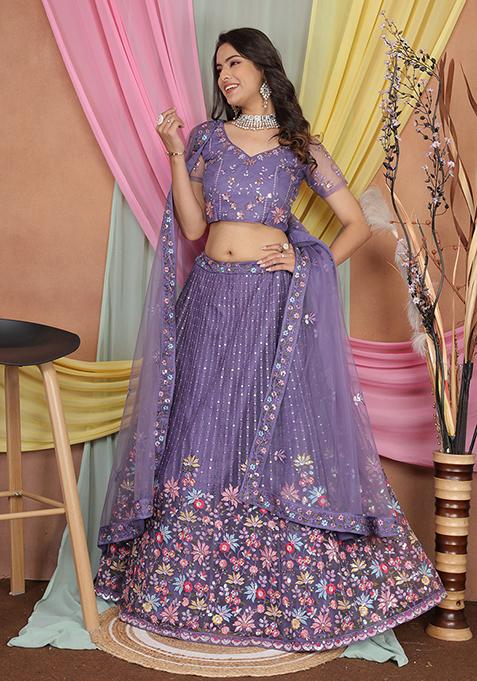 Lavender Embroidered Butter Net Lehenga Set