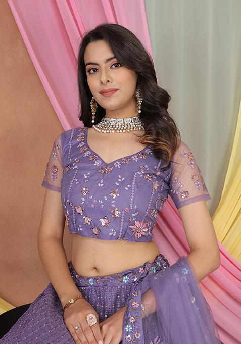 Lavender Embroidered Butter Net Lehenga Set