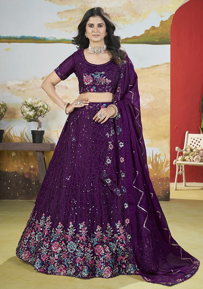 Purple Embroidered Chinon Lehenga Set