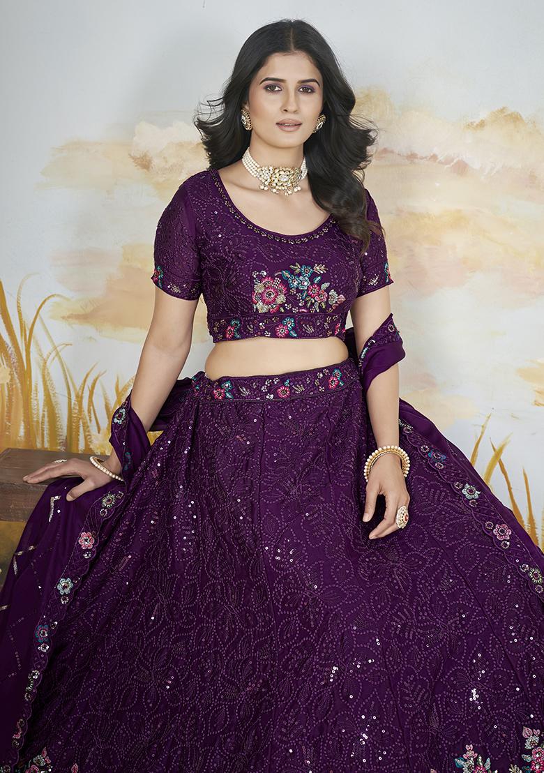 Purple Embroidered Chinon Lehenga Set