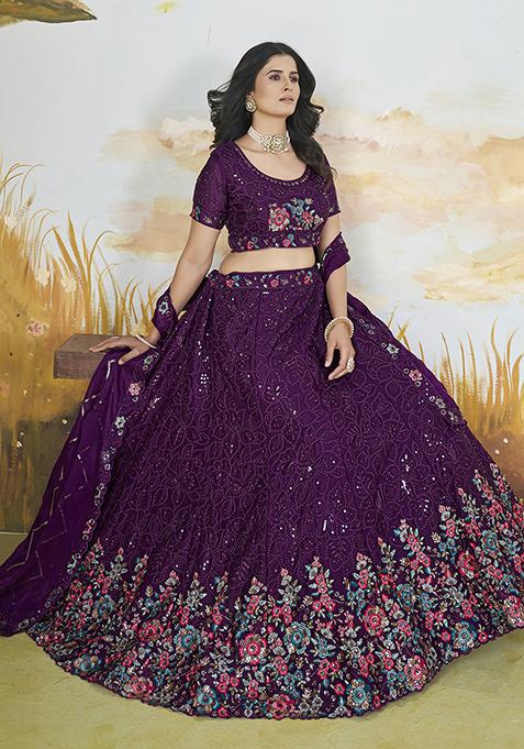 Purple Embroidered Chinon Lehenga Set