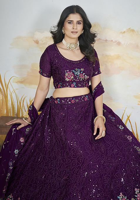 Purple Embroidered Chinon Lehenga Set