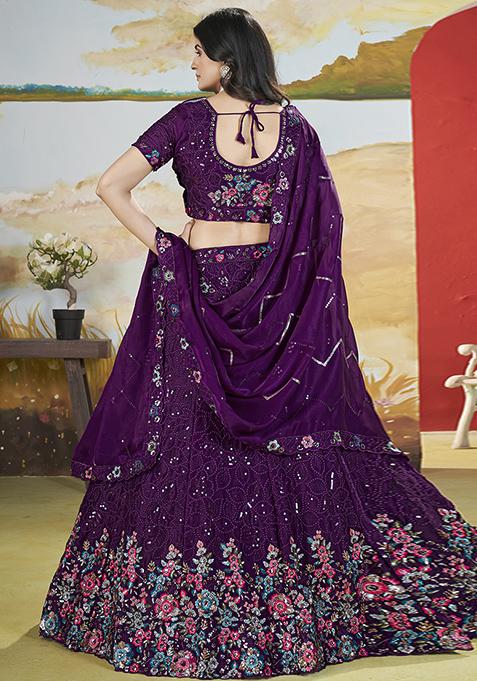 Purple Embroidered Chinon Lehenga Set