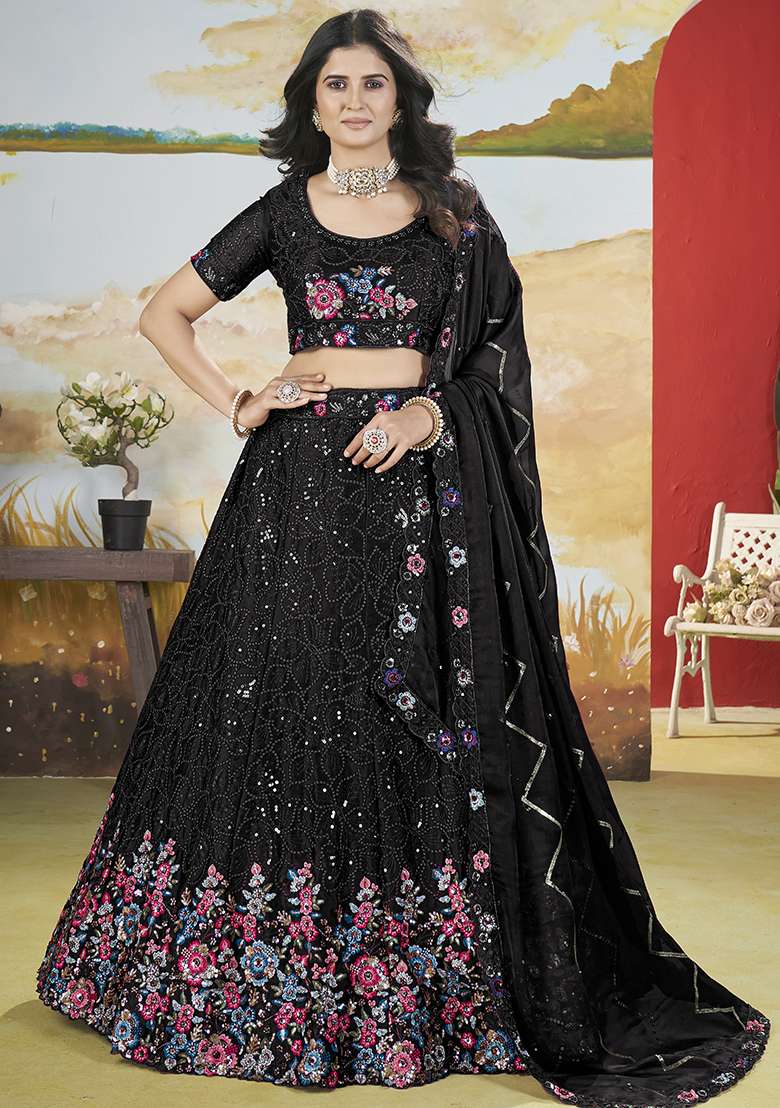 Black Embroidered Chinon Lehenga Set - Indya