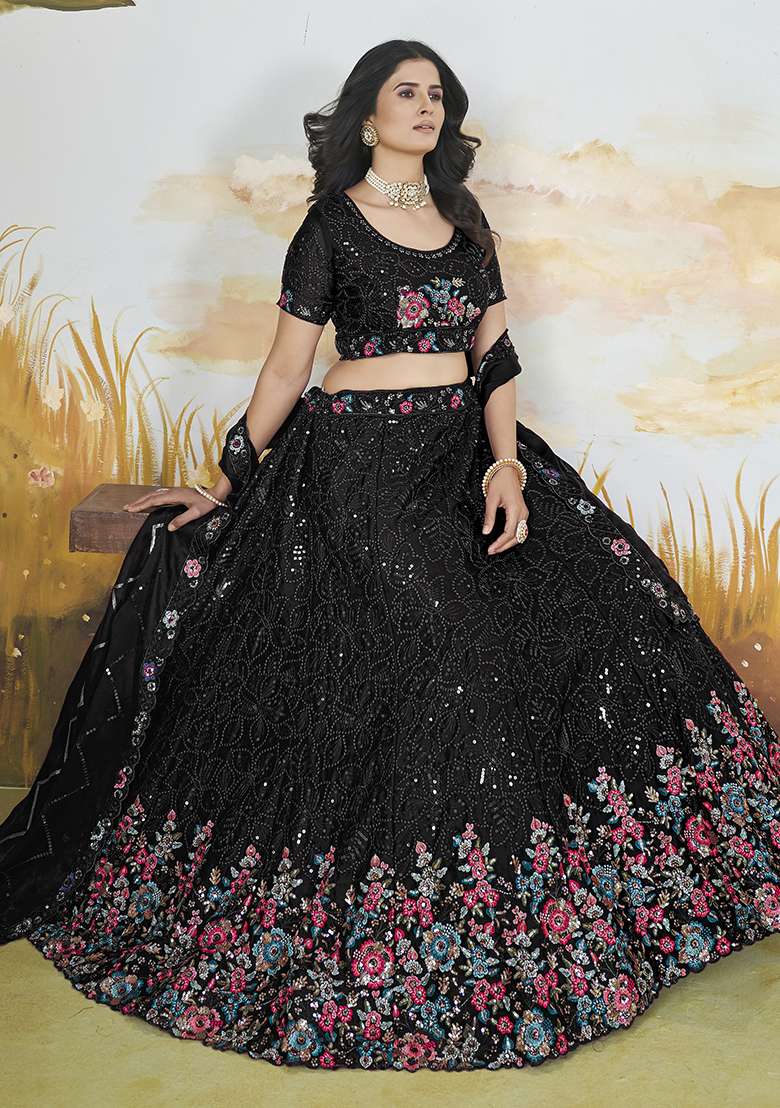 Black Embroidered Chinon Lehenga Set - Indya
