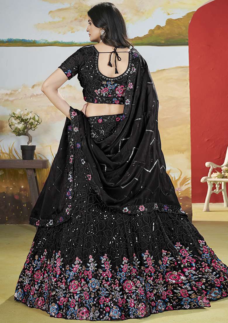 Black Embroidered Chinon Lehenga Set - Indya