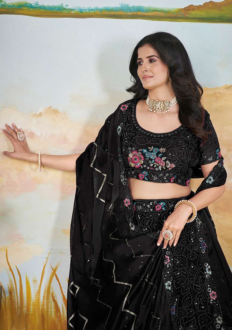 Black Embroidered Chinon Lehenga Set - Indya