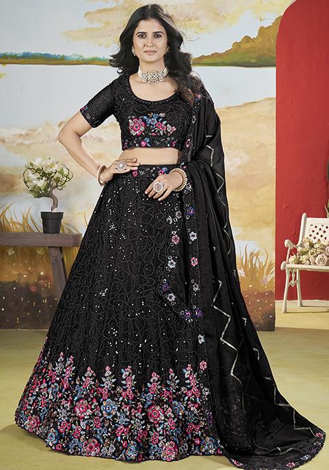 Black Embroidered Chinon Lehenga Set