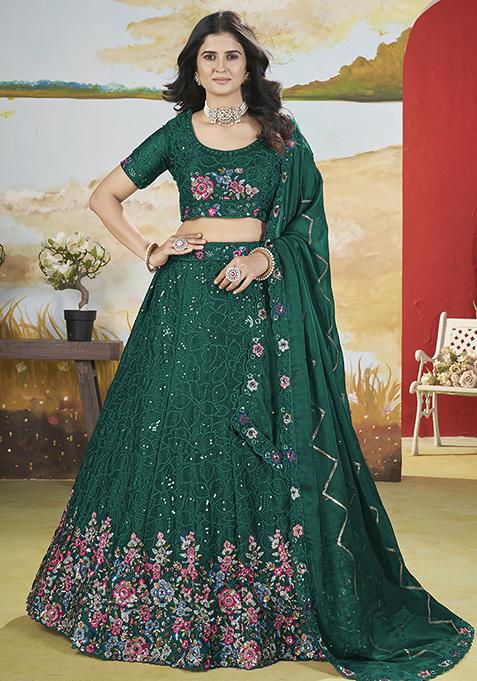 Green Embroidered Chinon Lehenga Set