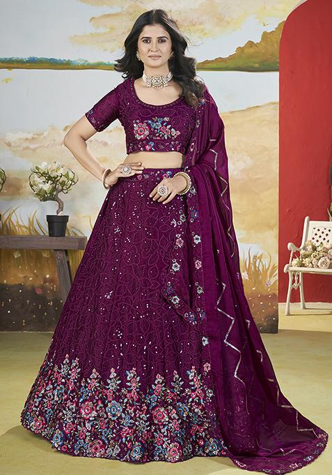Wine Embroidered Chinon Lehenga Set