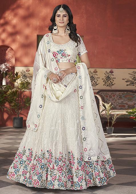 White Embroidered Chinon Lehenga Set