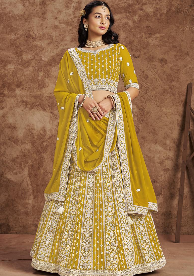 Yellow Embroidered Georgette Lehenga Set