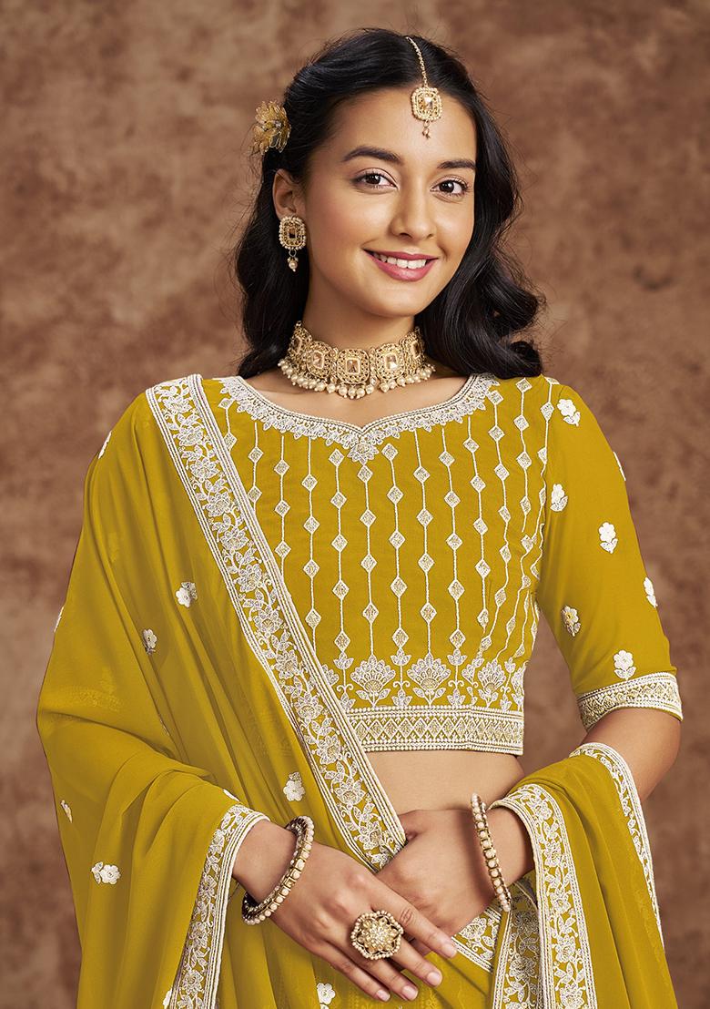 Yellow Embroidered Georgette Lehenga Set