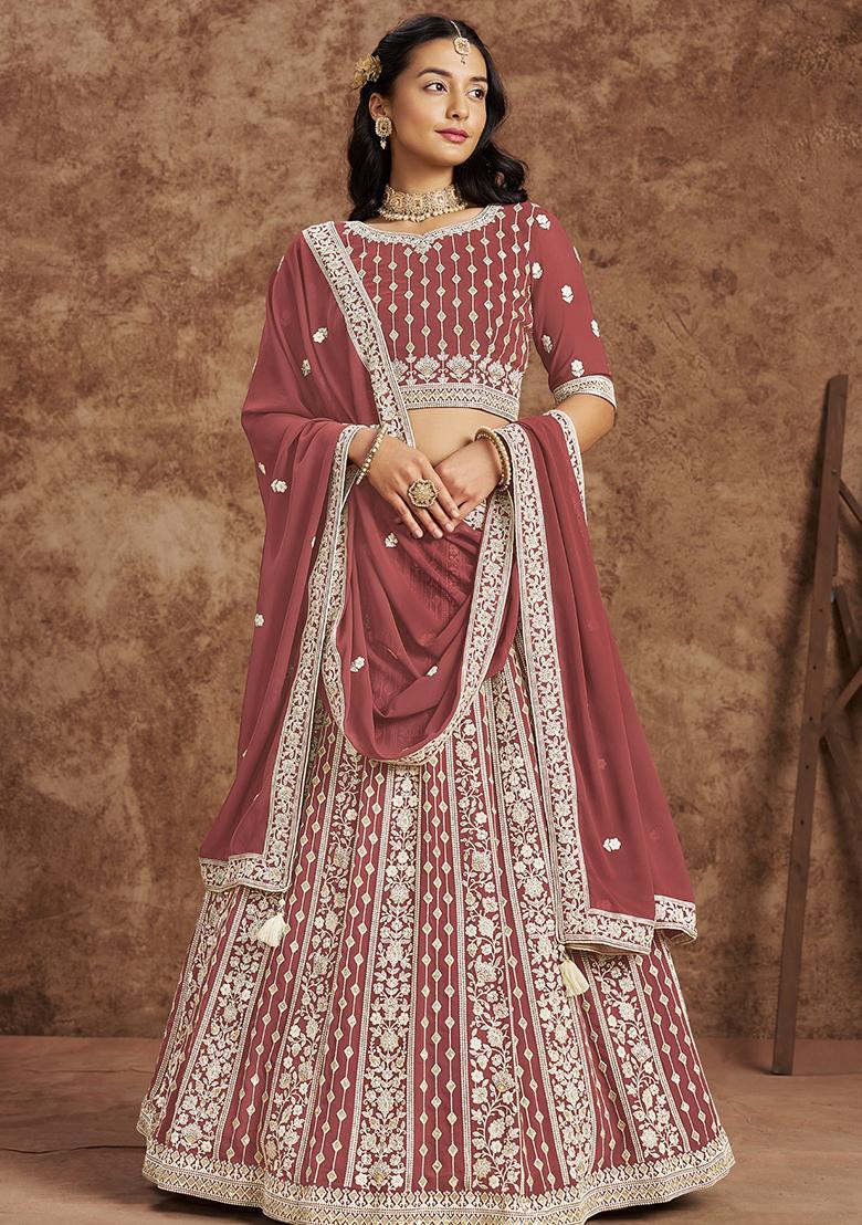 Pink Embroidered Georgette Lehenga Set