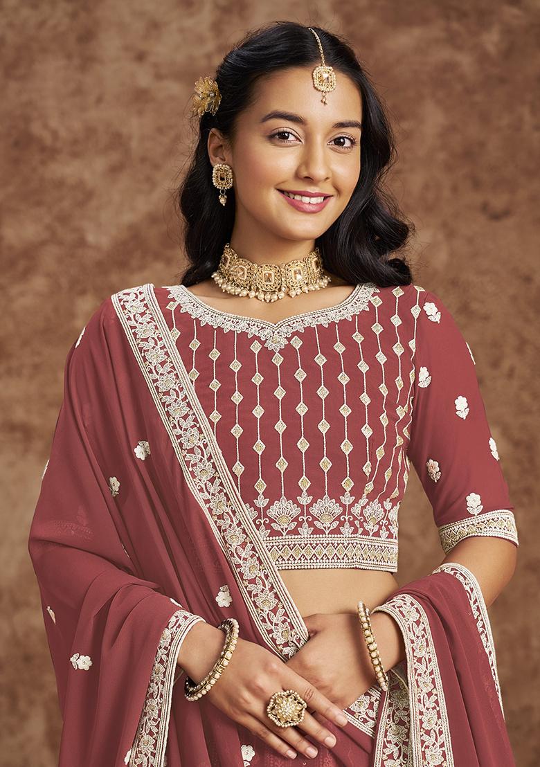 Pink Embroidered Georgette Lehenga Set
