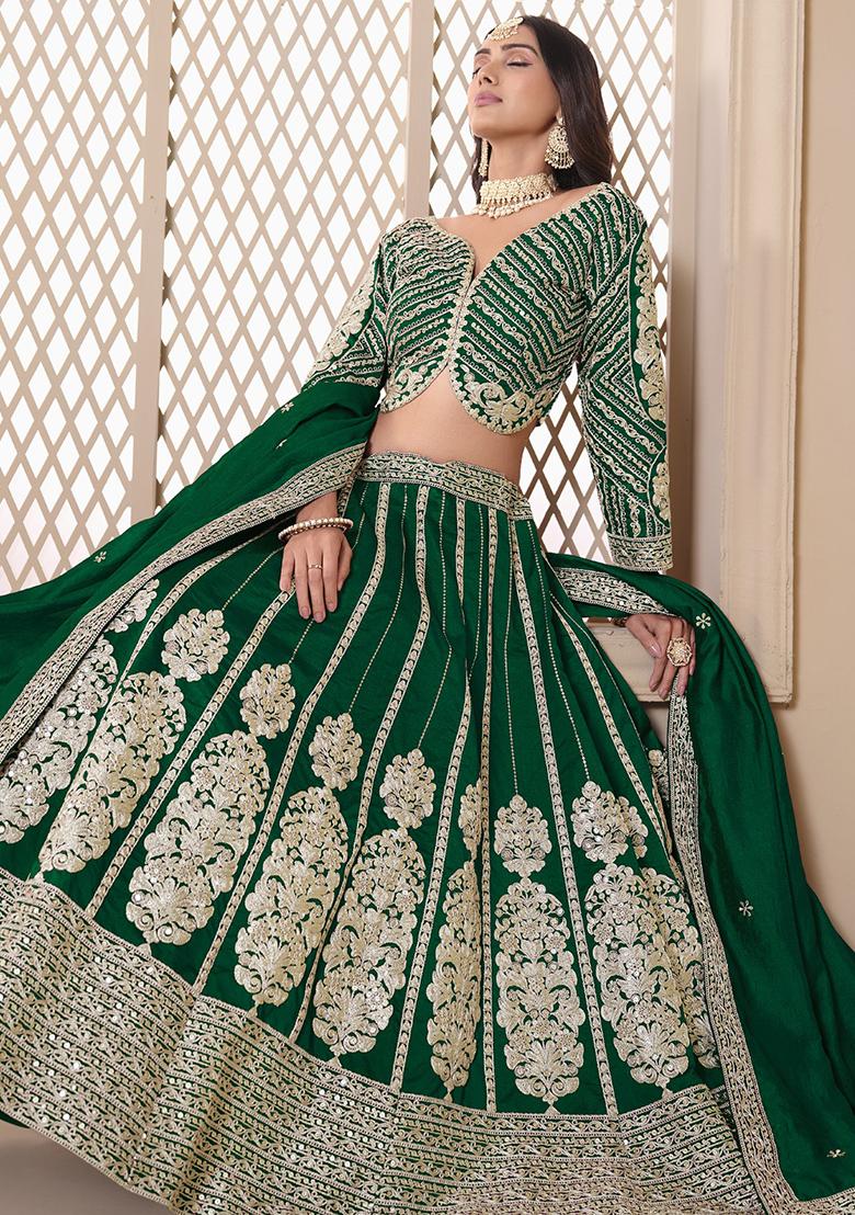 Green Embroidered Silk Lehenga Set