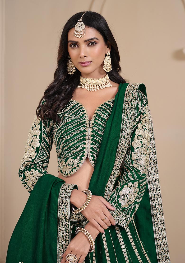 Green Embroidered Silk Lehenga Set