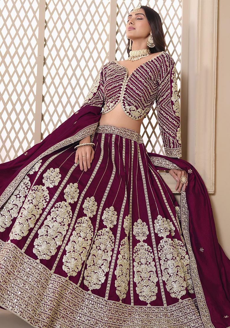 Maroon Embroidered Silk Lehenga Set