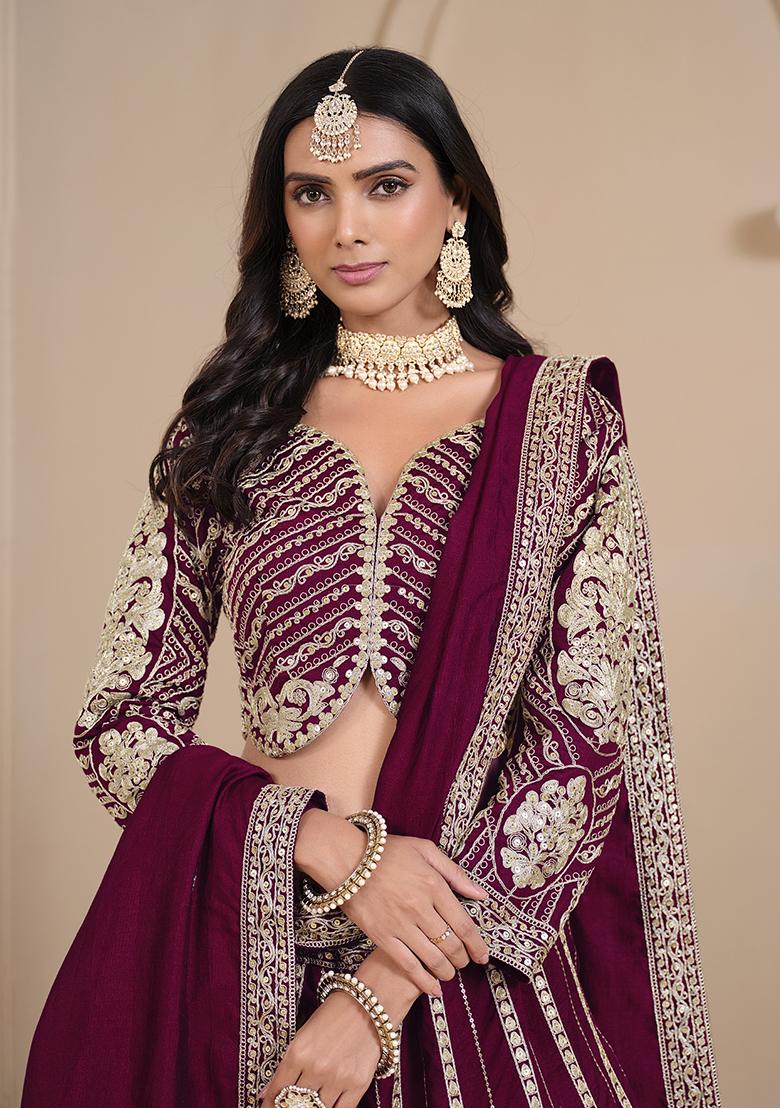 Maroon Embroidered Silk Lehenga Set