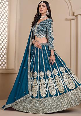 Teal Embroidered Silk Lehenga Set