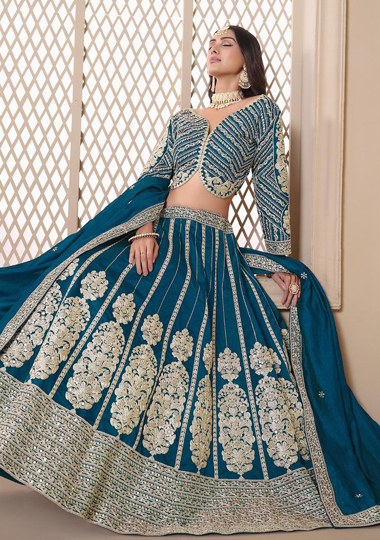 Teal Embroidered Silk Lehenga Set