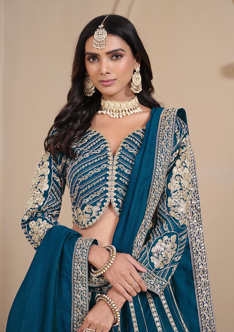 Teal Embroidered Silk Lehenga Set