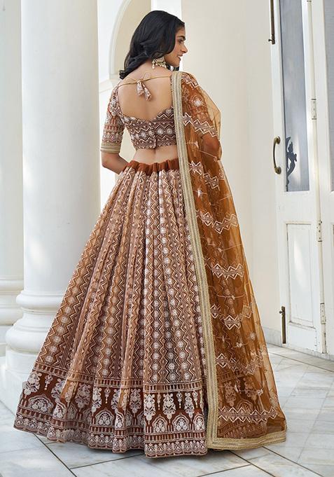 Brown Sequin Embroidered Net Lehenga Set