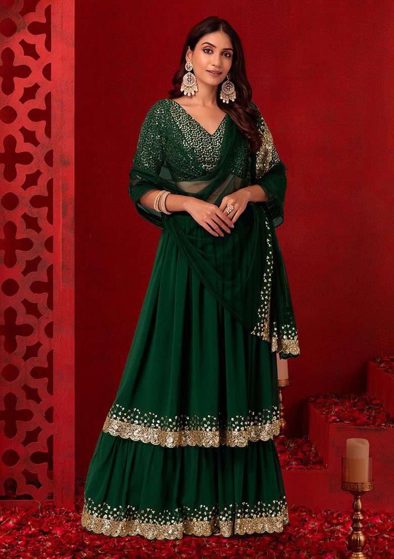 Green Zari Georgette Lehenga Set with Embroidered & Sequin for Diwali | Wedding & Festive Wear - Indya