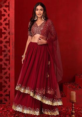 Red Sequin Zari Embroidered Georgette Lehenga Set