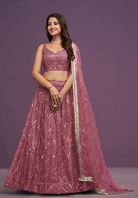 Pink Sequin Embroidered Net Lehenga Set