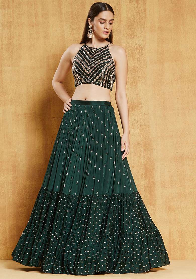Green Sequin Embroidered Georgette Lehenga Set for Diwali and Festive Wear - Indya