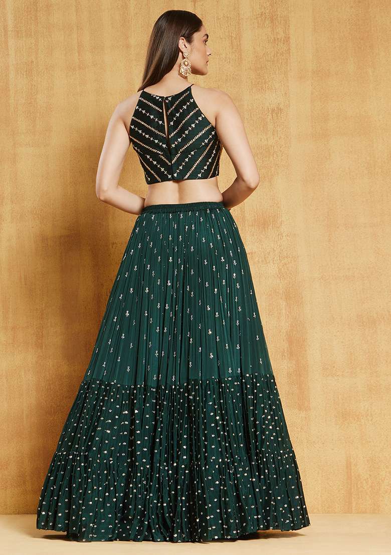 Green Sequin Embroidered Georgette Lehenga Set for Diwali and Festive Wear - Indya