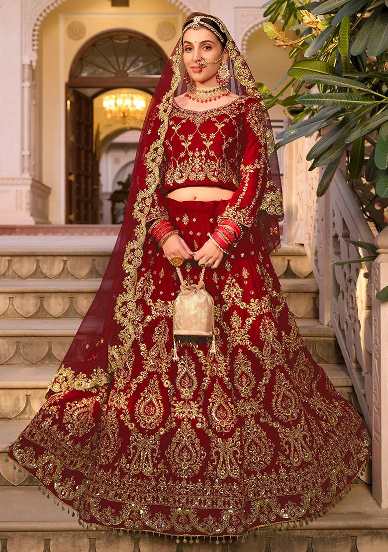Maroon Zari Thread Embroidered Velvet Lehenga Set - Indya