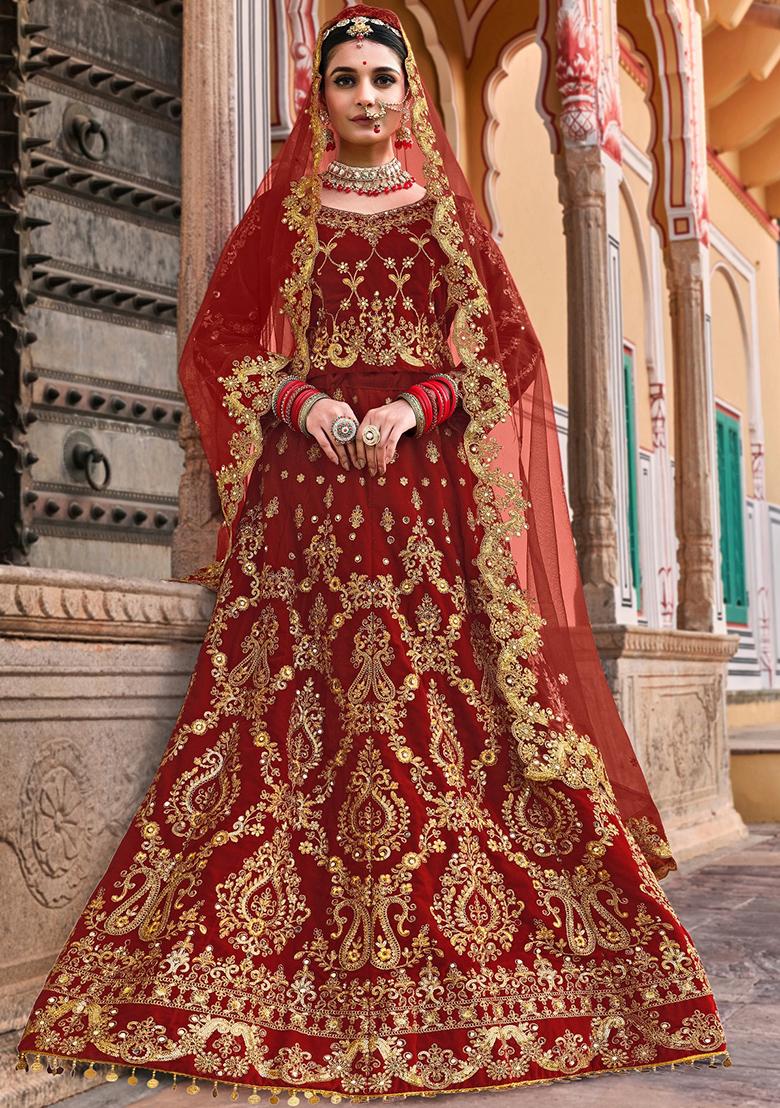 Maroon Zari Thread Embroidered Velvet Lehenga Set