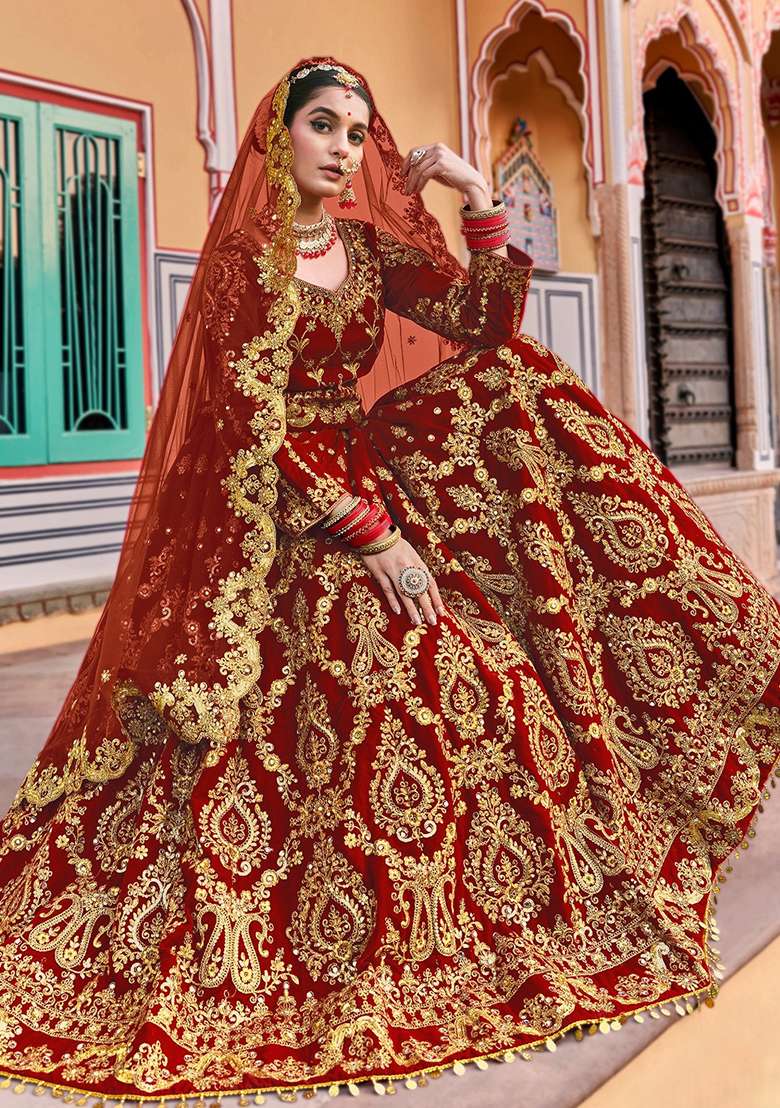 Maroon Zari Thread Embroidered Velvet Lehenga Set - Indya