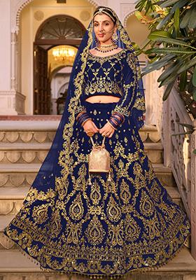 Blue Zari Thread Embroidered Velvet Lehenga Set