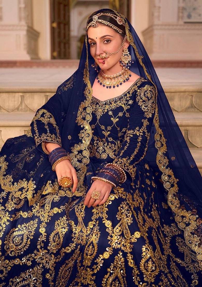 Blue Zari Thread Embroidered Velvet Lehenga Set
