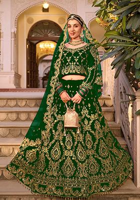 Green Zari Thread Embroidered Velvet Lehenga Set