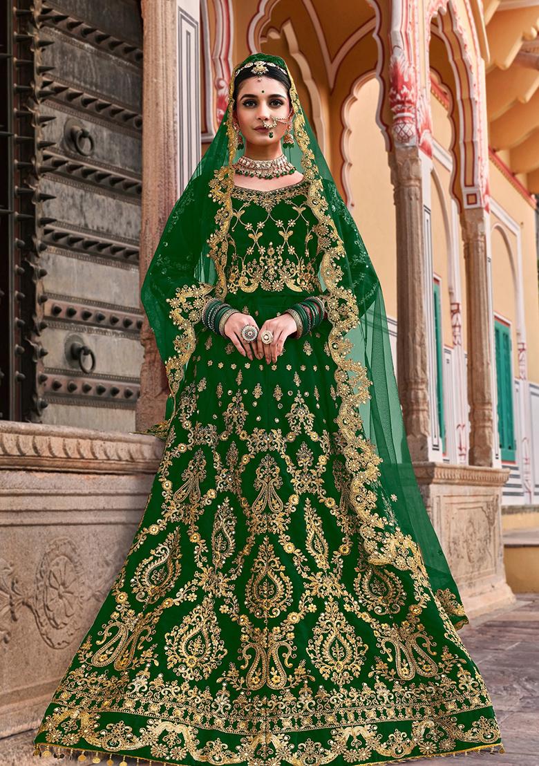 Green Zari Thread Embroidered Velvet Lehenga Set