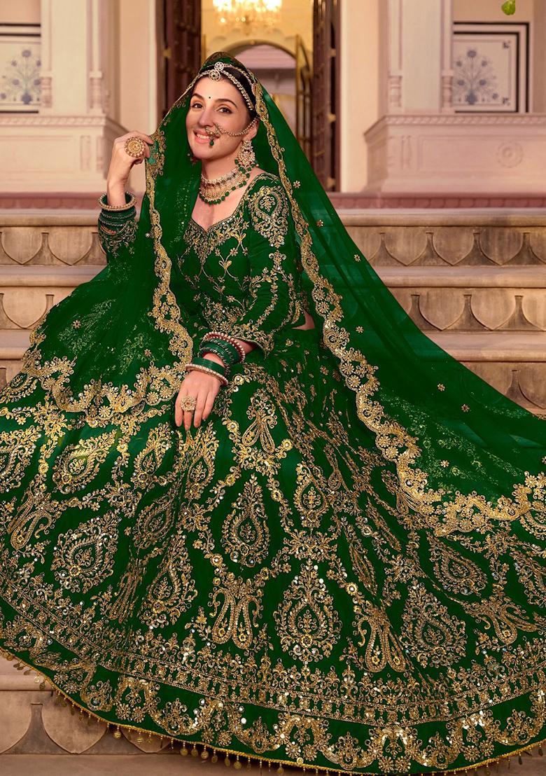 Green Zari Thread Embroidered Velvet Lehenga Set