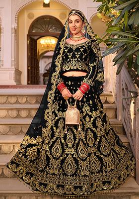 Black Zari Thread Embroidered Velvet Lehenga Set