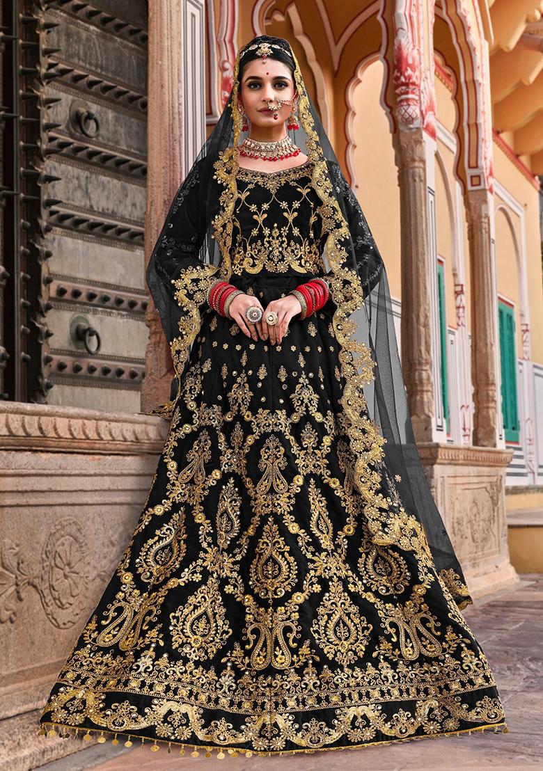 Black Zari Thread Embroidered Velvet Lehenga Set