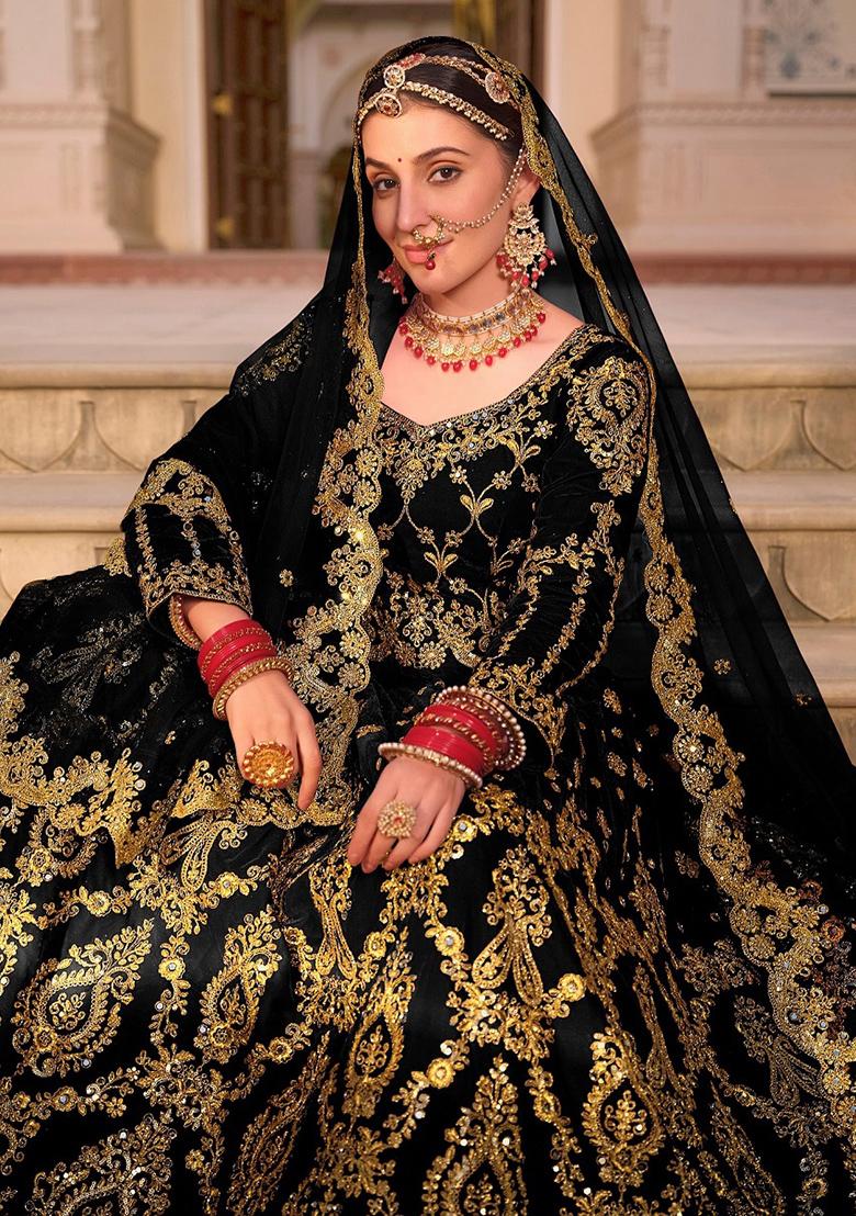 Black Zari Thread Embroidered Velvet Lehenga Set