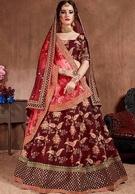 Maroon Embroidered Taffeta Silk Lehenga Set