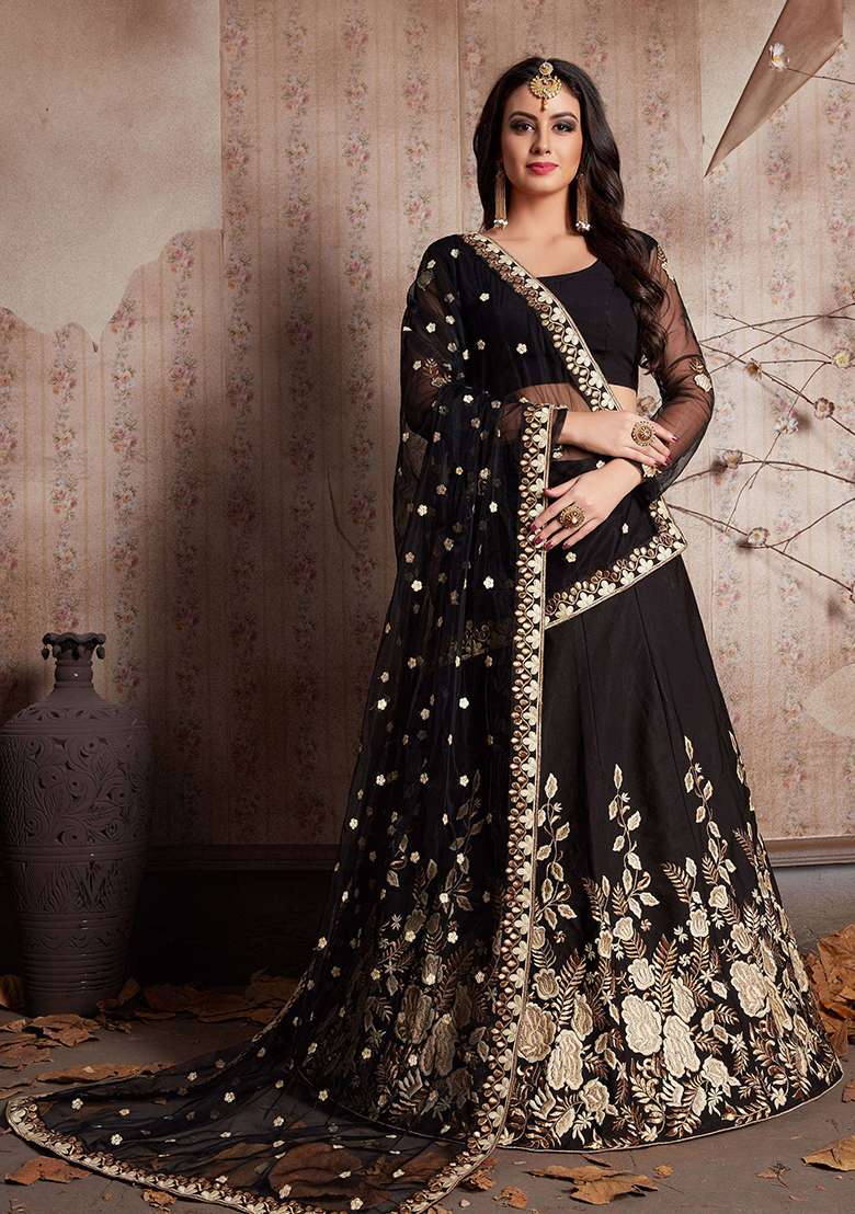 Black Embroidered Crepe Silk Lehenga Set - Indya