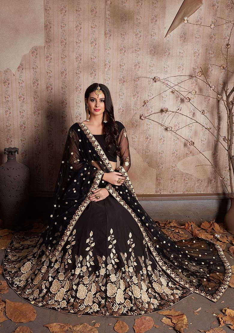 Black Embroidered Crepe Silk Lehenga Set - Indya