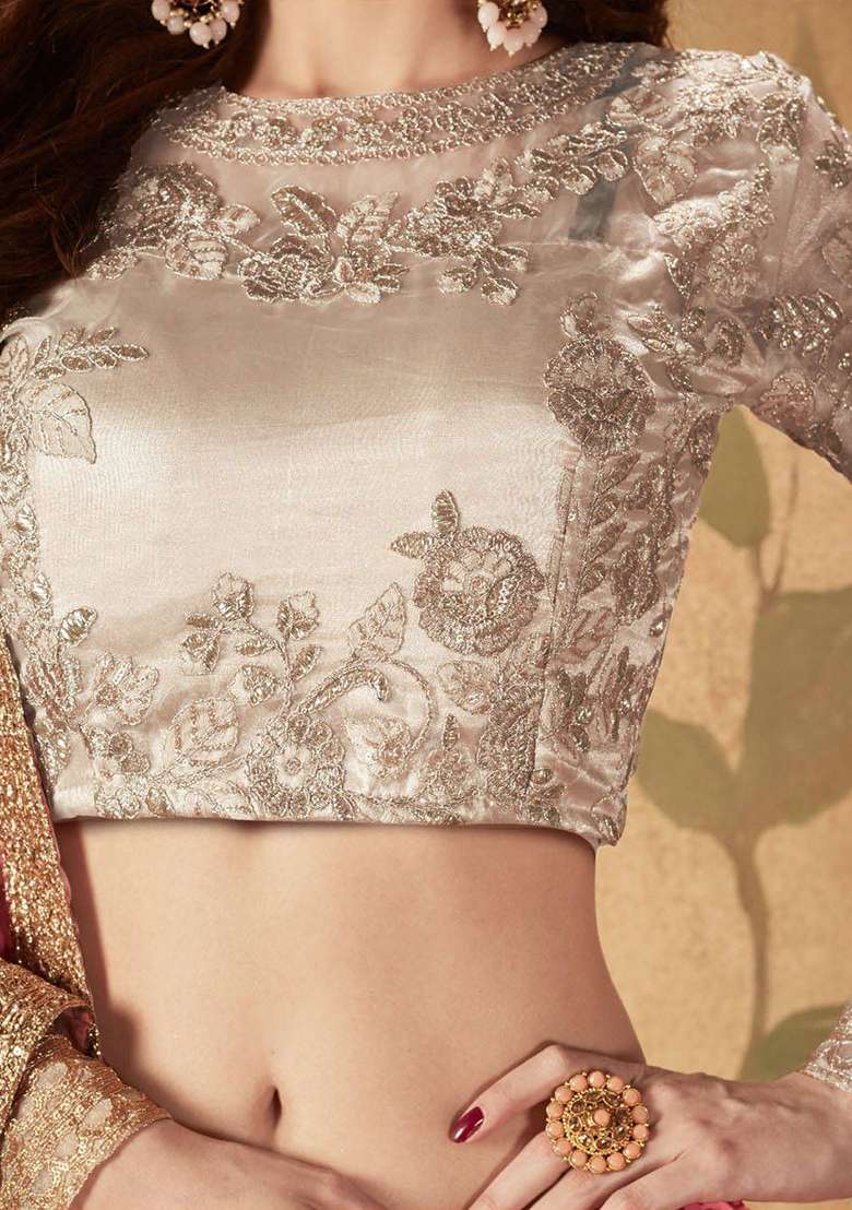 Pink Floral Print Organza Lehenga Set - Indya