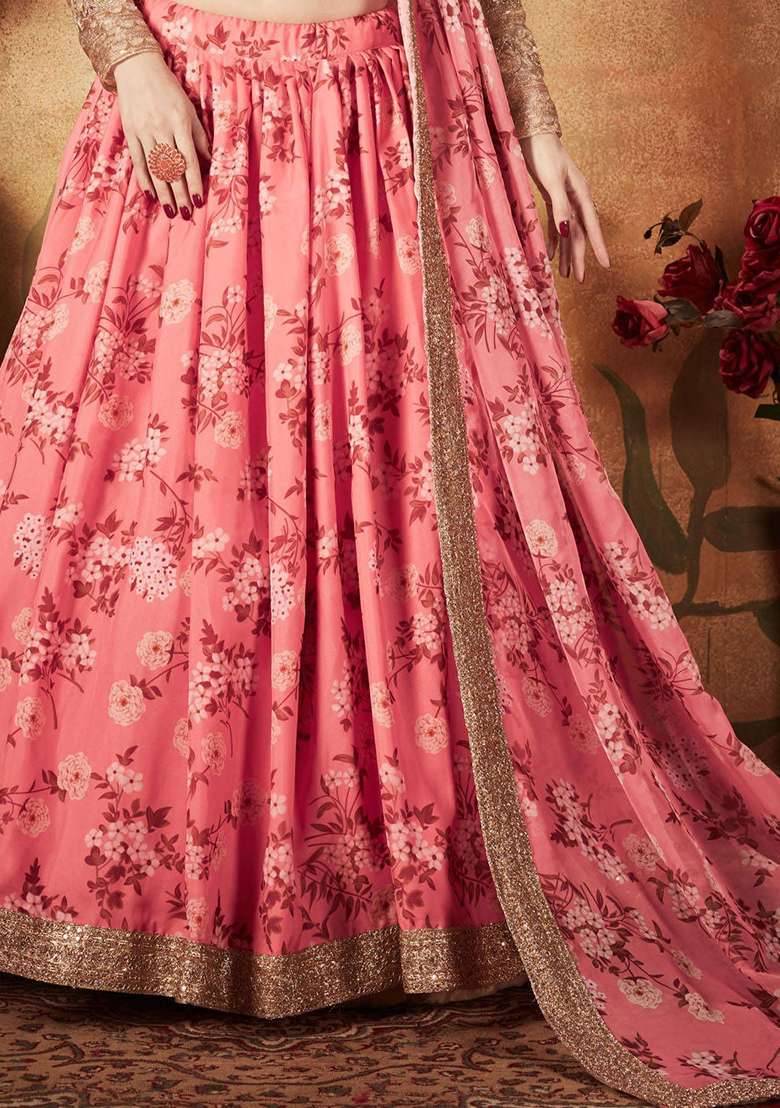 Pink Floral Print Organza Lehenga Set - Indya