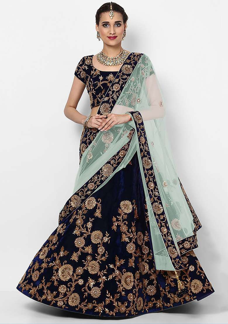 Navy Blue Embroidered Velvet Lehenga Set - Indya